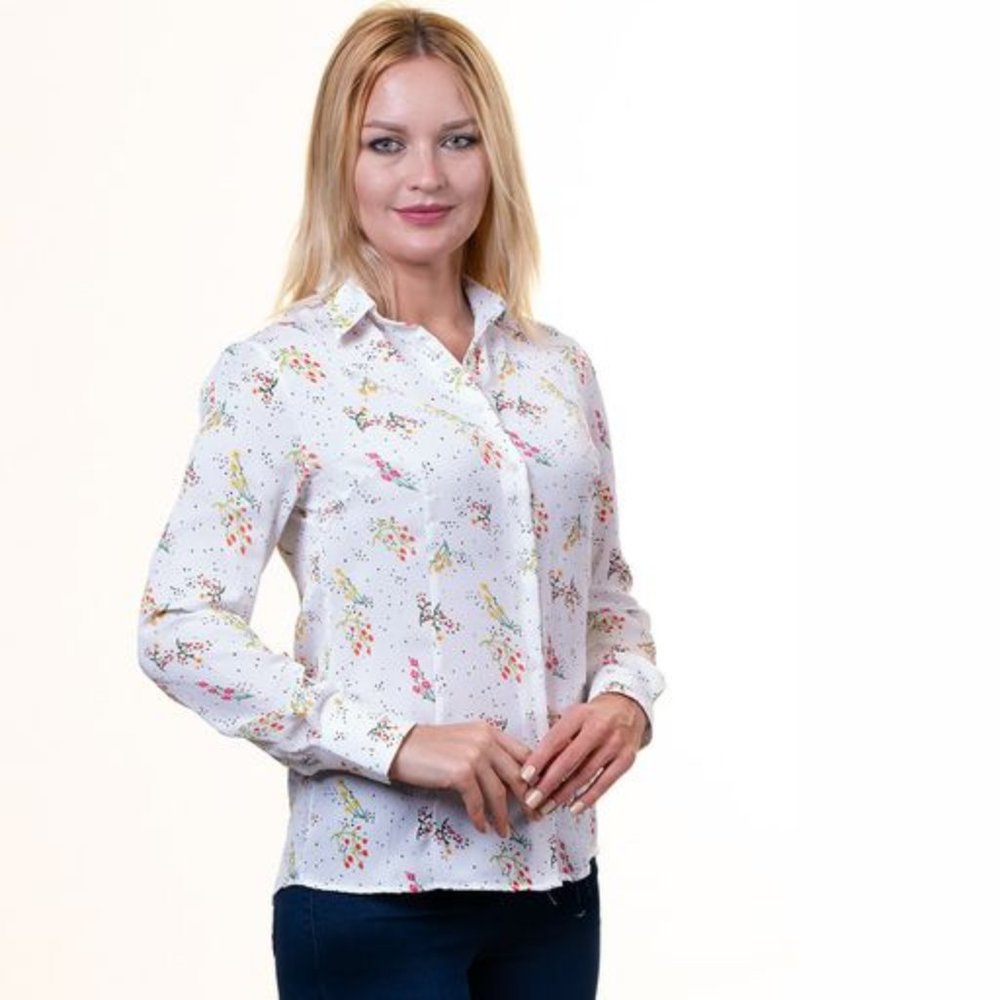 Plus Size Womens Slim-Fit Long Sleeve White Printed Button Down Collar Office Fo